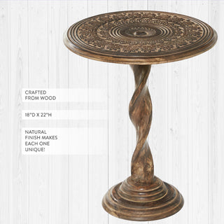Twisted Base Boho Wood Round Pedestal Side Table