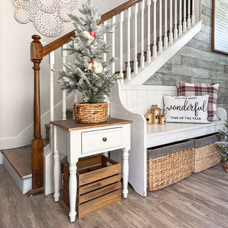 Rustic white end table with Christmas decor