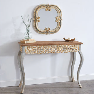 French provincial console table ornate carved apron antique white finish styled with decorative mirror and accessories
