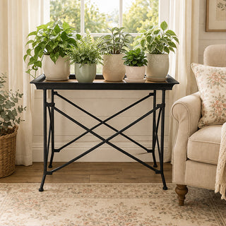 Metal plant stand table with geometric crosshatch base and wooden top detail