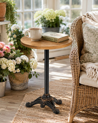 19 Inch Round Pedestal Accent Table Metal and Wood Farmhouse Side Table