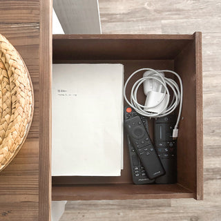 Farmhouse side table drawer storage detail