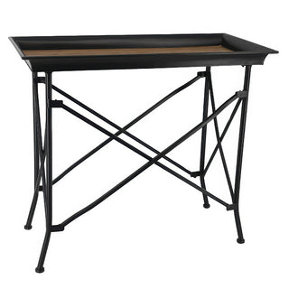 Farmhouse industrial accent table with metal frame and wood plank tray top