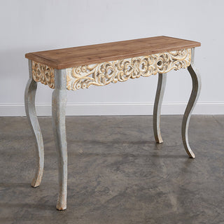 Antique white console table curved cabriole legs carved apron natural pine wood top 49.5 inch wide