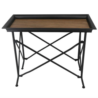 Farmhouse industrial accent table with metal frame and wood plank tray top