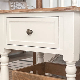 White farmhouse end table drawer close-up