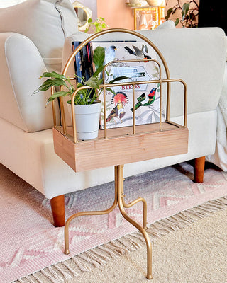 Wood & Iron Charging Station Side Table with Drawer & Magazine Rack