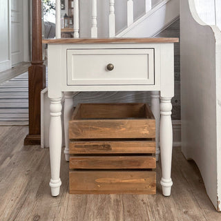 White farmhouse end table with wooden crate storage

