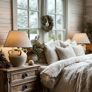 Farmhouse bedroom styling with ceramic table lamps
