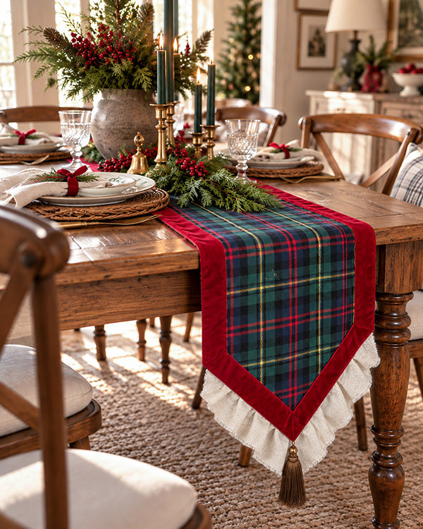 Christmas-themed table runner draped across a dining table