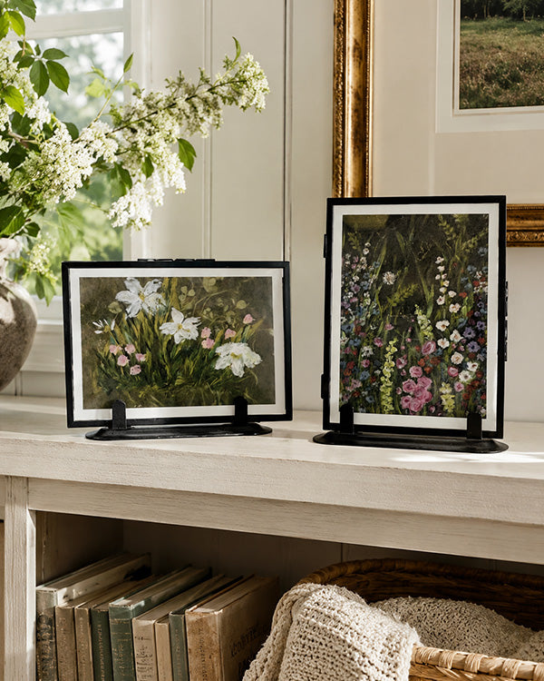 Elegant Black Framed Floral Table Art, Set of 2