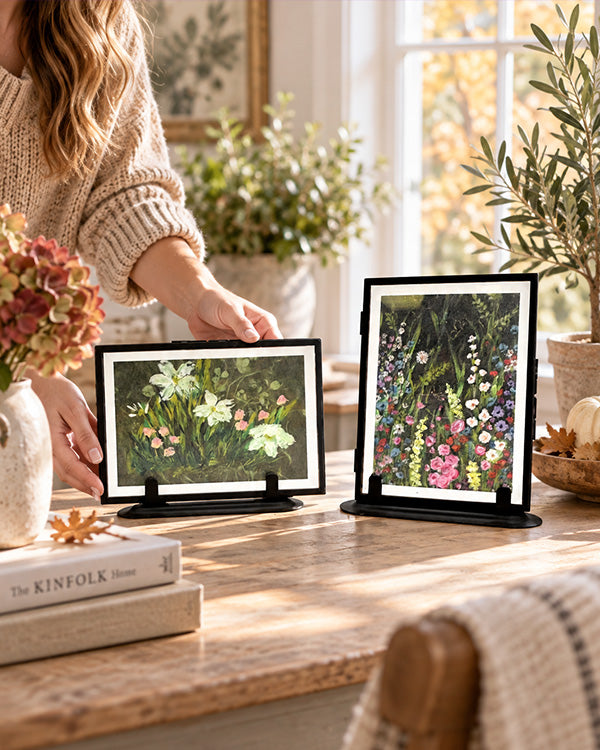 Elegant Black Framed Floral Table Art, Set of 2