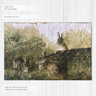 Paper rabbit tapestry flat lay showing crinkled texture and 4 corner grommets, 47.5 by 32.5 inches