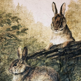 Close-up detail of two cottontail rabbits in sepia and green botanical tapestry