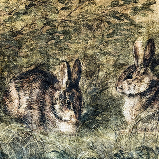 Detail shot of two rabbits in meadow grass on vintage paper wall tapestry