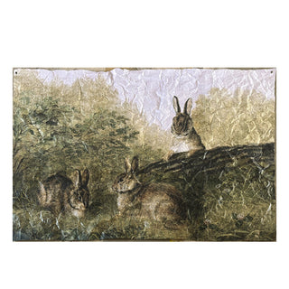 Full view of rabbit tapestry on white background showing grommet corner hanging hardware