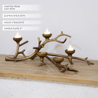 Cast iron branch tealight holder product dimensions showing antique gold finish holds five tealights