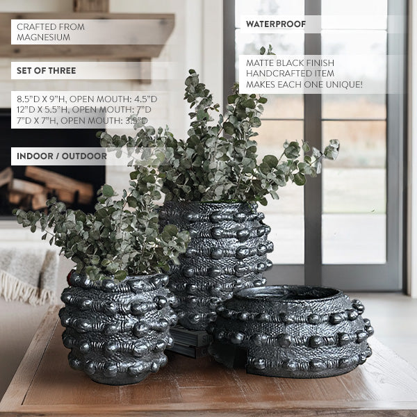 matte black pot plant Handcrafted Textured Outdoor Matte Black Planters, Set of 3