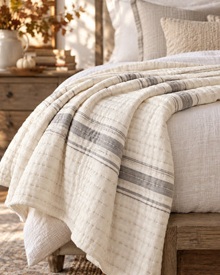 Heritage Kantha-Stitch Striped Cotton Throw, Morning Dove Gray