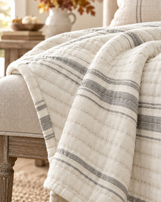 Heritage Kantha-Stitch Striped Cotton Throw, Morning Dove Gray