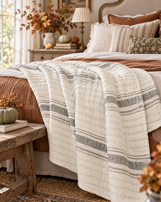 Heritage Kantha-Stitch Striped Cotton Throw, Morning Dove Gray