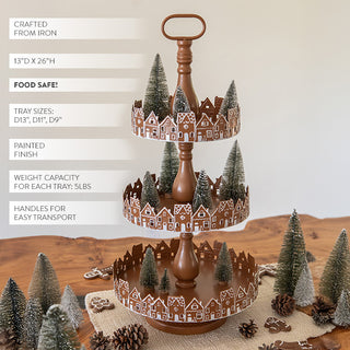 26 Inch Three Tier Gingerbread Village Serving Stand | Iron Food Safe Trays