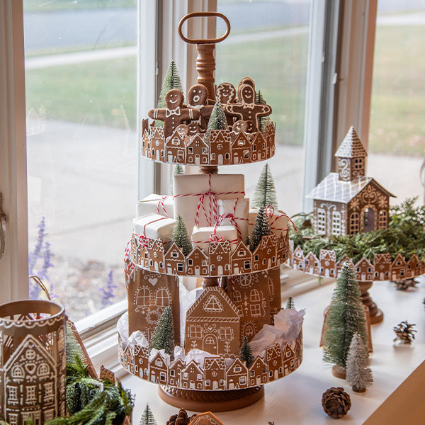 26 Inch Three Tier Gingerbread Village Serving Stand | Iron Food Safe Trays