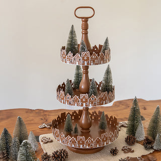26 Inch Three Tier Gingerbread Village Serving Stand | Iron Food Safe Trays