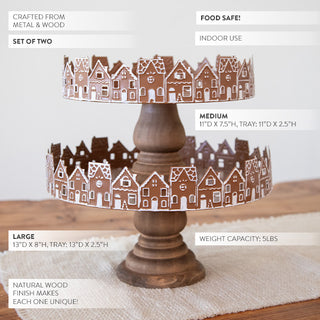 Rustic Wood Gingerbread Village Tiered Cake Stand, Set of 2