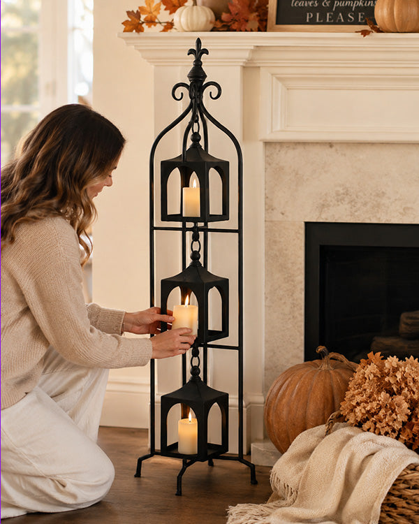 Grand Three-Tier Metal Candle Lantern Tower