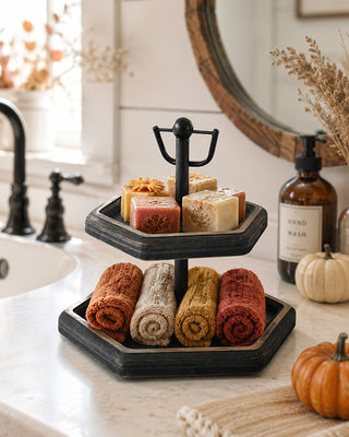 2 Tier Hexagon Tray Wood Serving Riser Display Stand