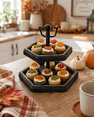 2 Tier Hexagon Tray Wood Serving Riser Display Stand