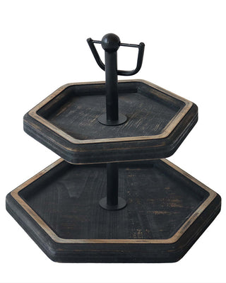 2 Tier Hexagon Tray Wood Serving Riser Display Stand