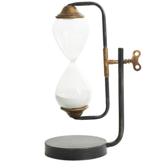  Full view of suspended hourglass with white sand on weighted base
