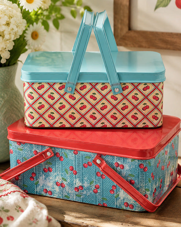 Americana Cherries Metal Bin, Set of 2 Nesting Storage Lids
