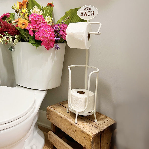 White metal toilet paper holder, rustic bathroom decor stand