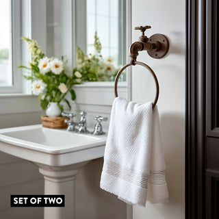 Bathroom setting with a towel ring holding a white towel, sink, and window with flowers.