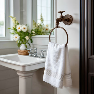 Rustic industrial faucet towel ring in farmhouse bathroom