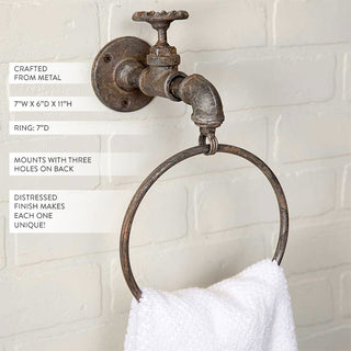 Distressed metal faucet towel ring wall mount