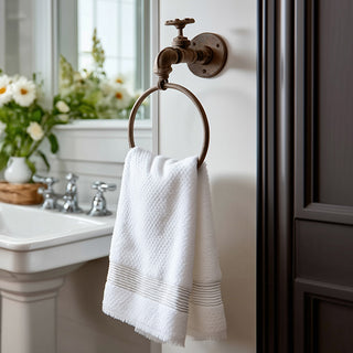 Vintage pipe towel ring styled in farmhouse bathroom