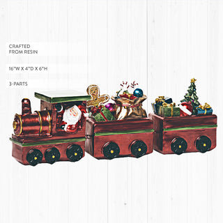 Three-piece holiday train decoration set showing detailed specifications: crafted from resin, 16 inches wide by 4 inches deep by 6 inches high, featuring hand-painted Santa, gingerbread man, presents and Christmas tree