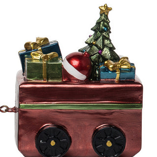 Caboose car decorated with miniature Christmas tree topped with gold star, wrapped presents with gold bows, candy cane and Santa hat on red metallic base