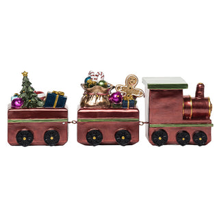 Reverse angle of three-piece Christmas train showing connected cars with chain links, black wheels with gold centers, and festive holiday decorations