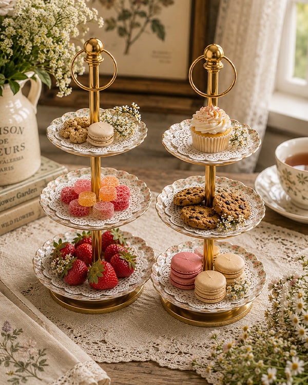 Gold 3-Tier Serving Tray Stand with Floral Patterns, Set of 2
