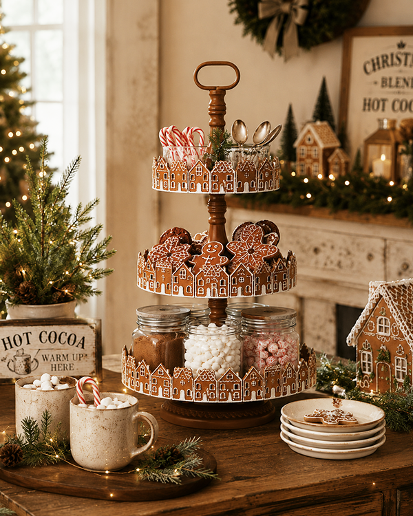 26 Inch Three Tier Gingerbread Village Serving Stand | Iron Food Safe Trays