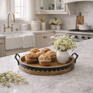 round wood serving tray scalloped black metal edge handles