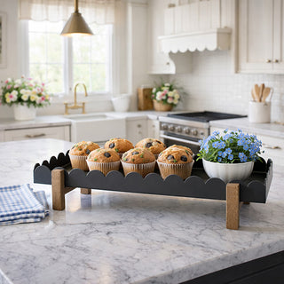 black scalloped metal tray, footed serving tray wood legs