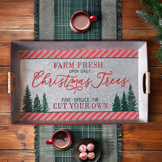 Farm Fresh Christmas Trees decorative metal serving tray with wood handles styled on plaid table runner with hot chocolate mugs and holiday decor