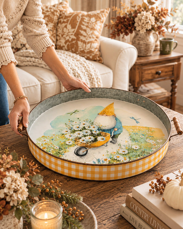 Whimsical Garden Gnome Wheelbarrow Serving Tray with Yellow Gingham Border