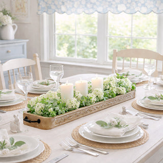 hand-carved wood centerpiece tray with black iron handles